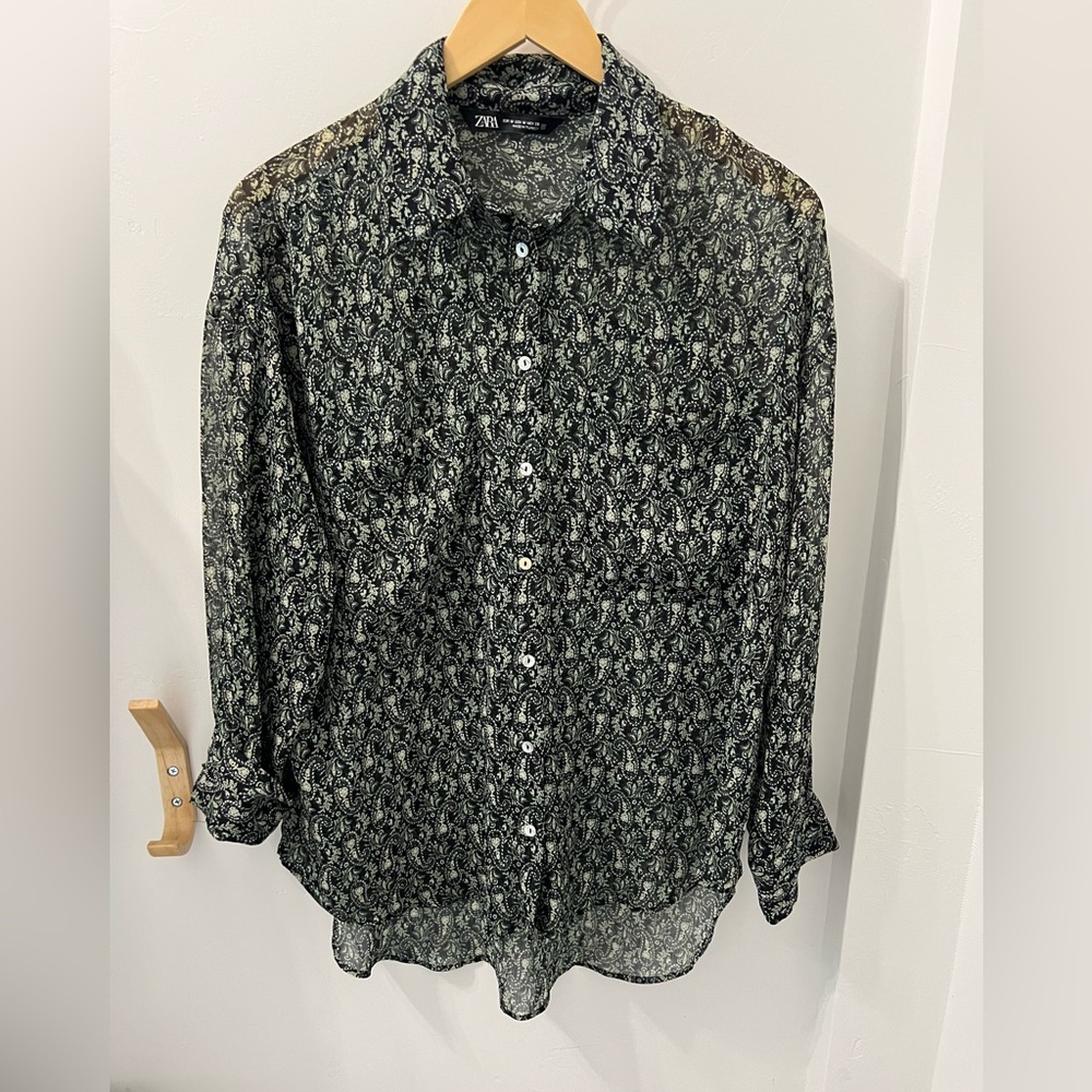 Zara Boho Sheer Lightweight Button Down Patterned Long Sleeve Blouse